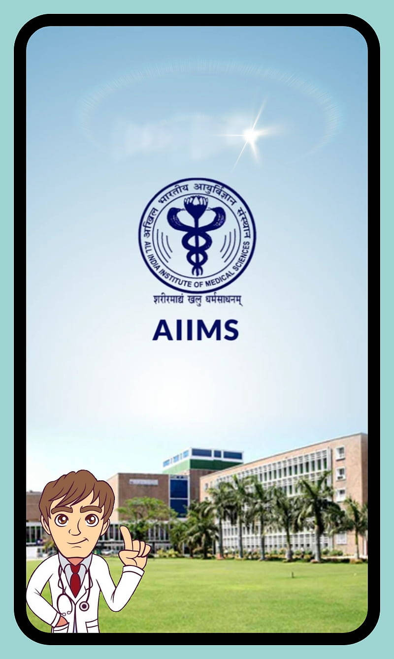 印度 桌布 壁紙 — 一個卡通醫生自豪地指向智慧型手機螢幕上顯示的AIIMS標誌，上方是棕櫚樹和現代建築的校園，陽光燦爛。