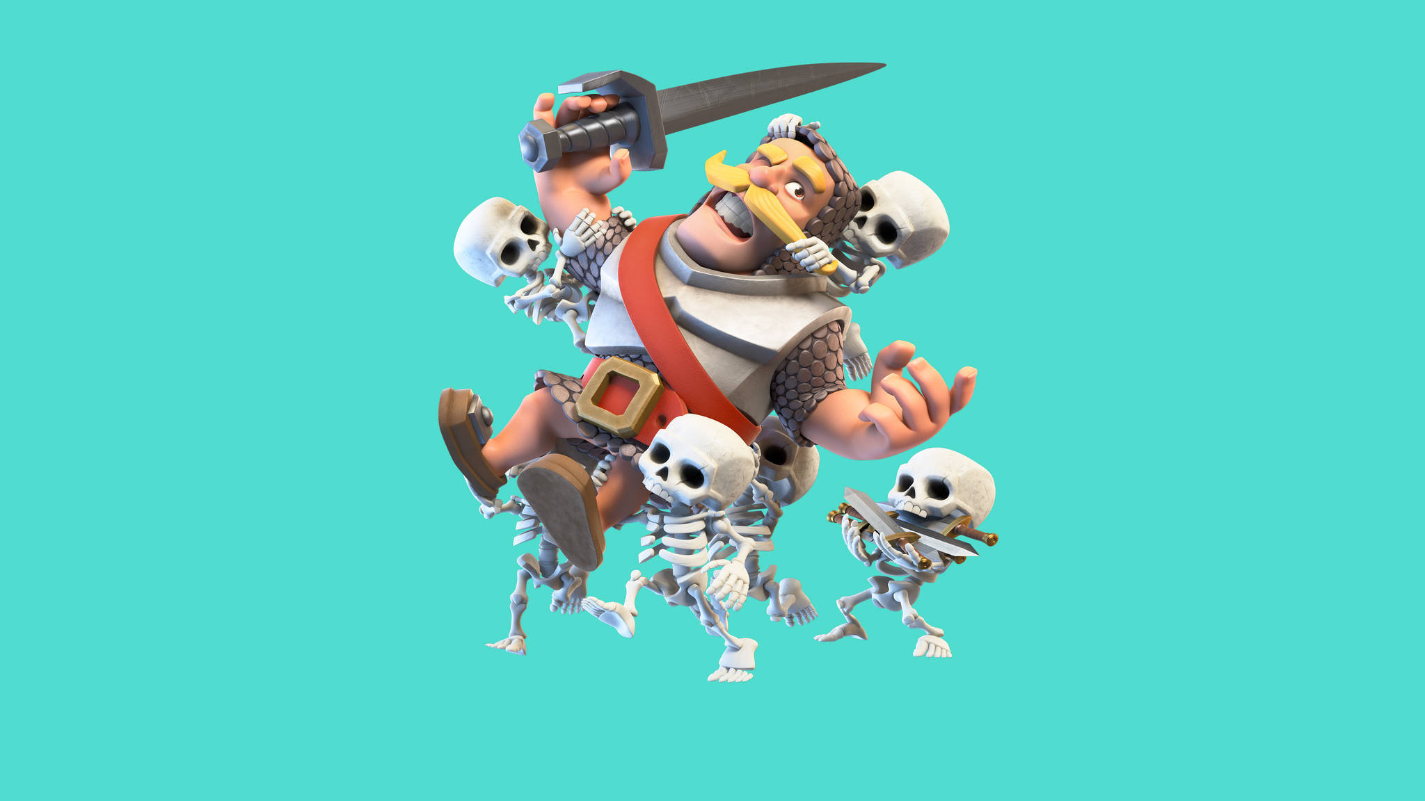 Clash Royale 桌布 壁紙 — 一個卡通野蠻人拿著劍和骷髏頭盔，騎著骷髏戰士，背景是純青色。