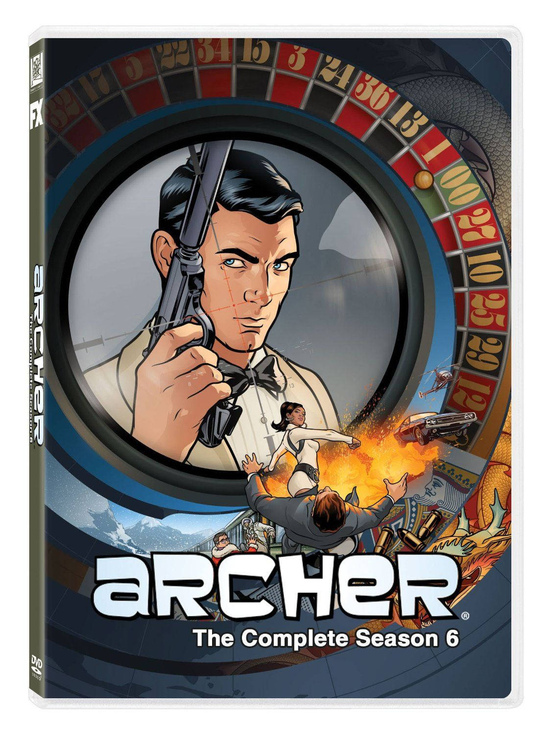 archer 桌布 壁紙 — 一個卡通間諜透過輪盤瞄準手槍，混亂在他周圍展開。
