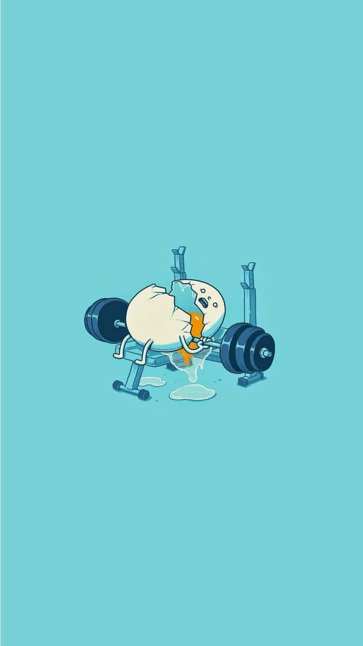 Cute Workout 桌布 壁紙 — 一個卡通雞蛋角色在純青色背景前，努力舉起深蹲架上的沉重槓鈴。