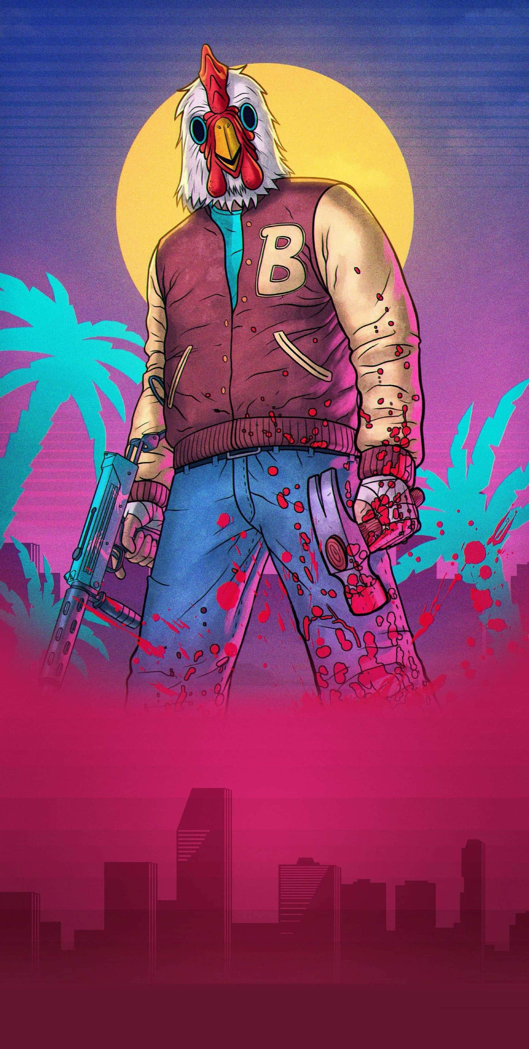 Hotline Miami 桌布 壁紙 — 一個卡通雞頭角色穿著沾滿血跡的校隊夾克，站在城市天際線上的霓虹日落前。