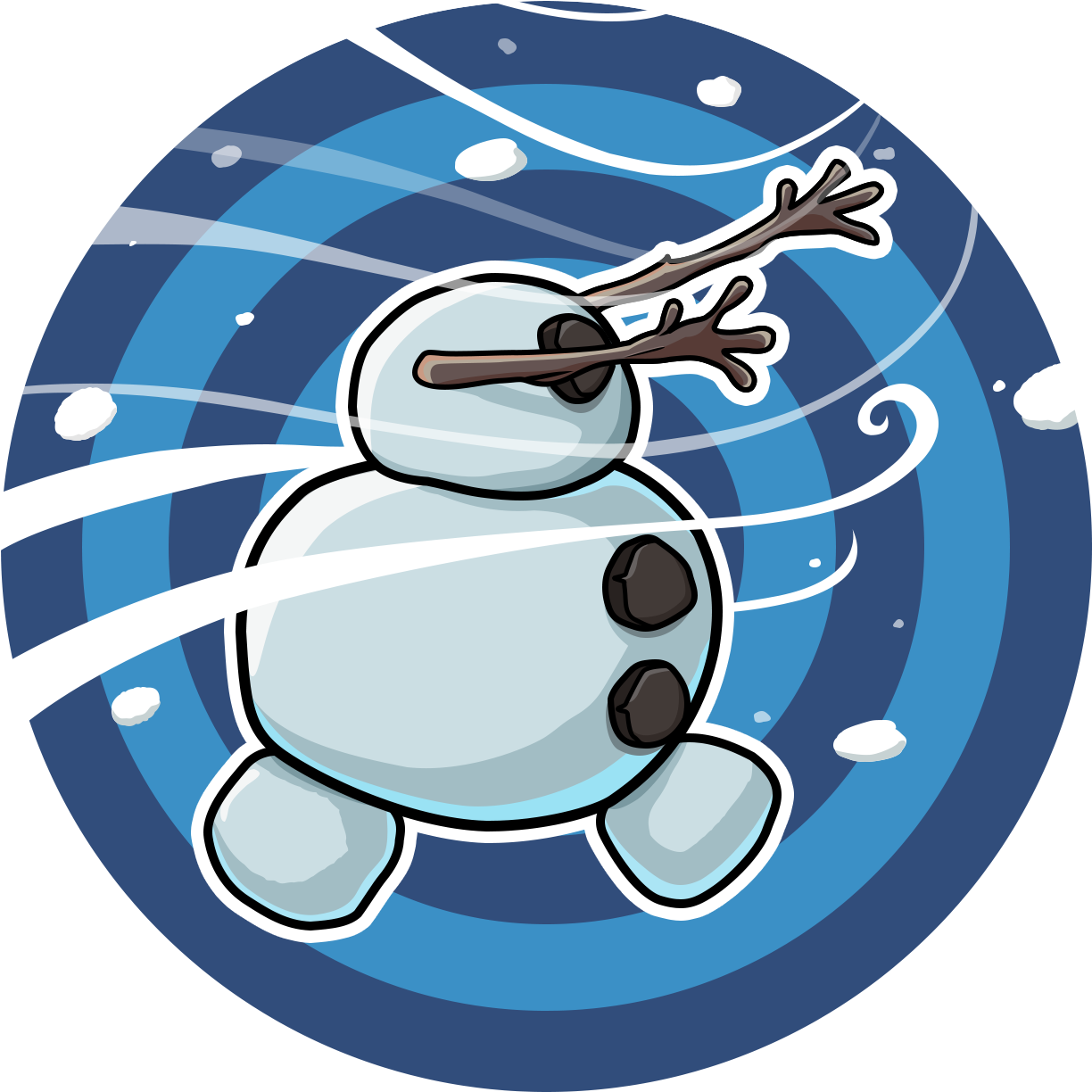 雪寶 桌布 壁紙 — 一個卡通雪人，有樹枝手臂和煤炭鈕扣，在旋轉的藍色冬季背景中快樂地旋轉。