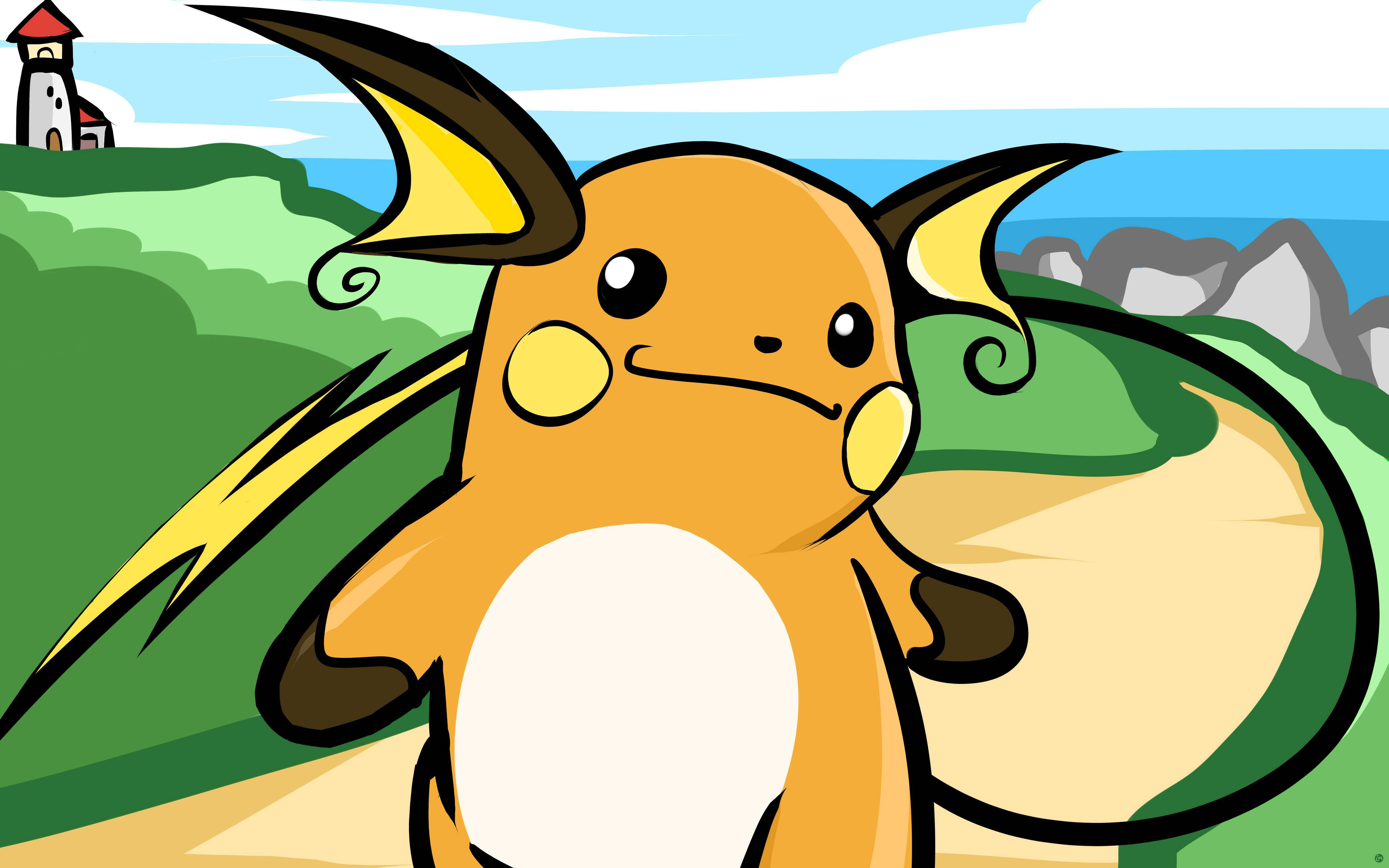 Raichu 桌布 壁紙 — 一個卡通雷丘站在長滿草的山丘上，背景有燈塔和海洋，天空蔚藍。