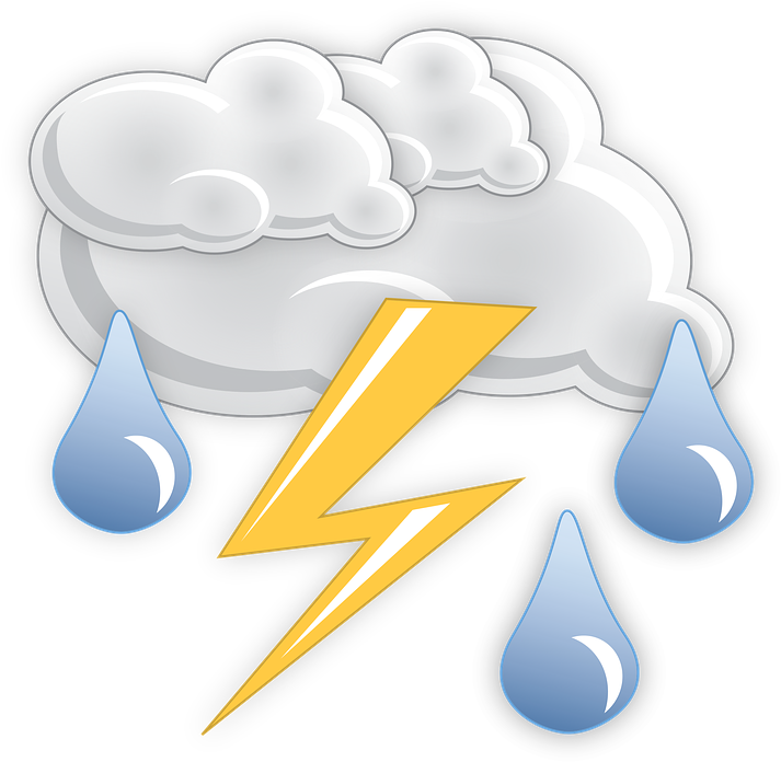 Thunderstorm 桌布 壁紙 — 一個卡通雷暴圖示，灰色雲朵、黃色閃電和藍色雨滴，背景為黑色。