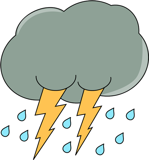 Thunderstorm 桌布 壁紙 — 一個卡通雷雨雲，帶有兩道黃色閃電和藍色雨滴，在黑色背景上落下。