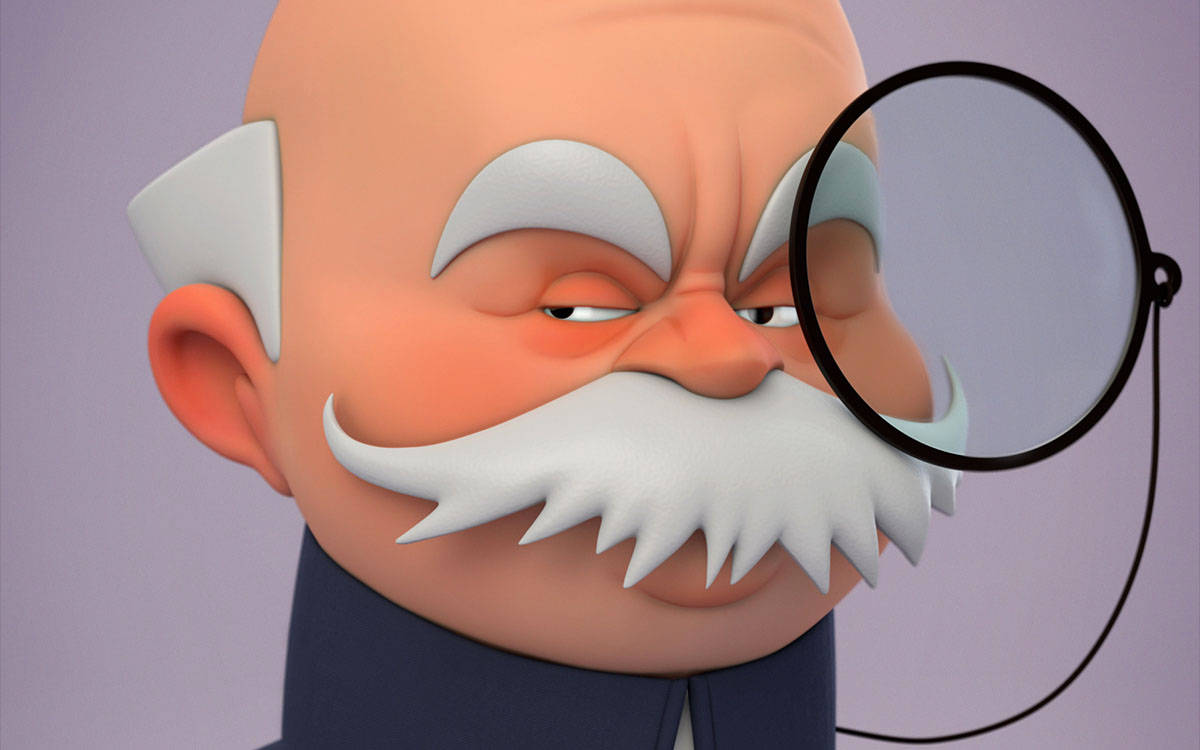 3D 桌布 壁紙 — 一個卡通風格、3D渲染的光頭老人，留著白色鬍子，戴著圓框眼鏡，神情嚴肅地凝視著。