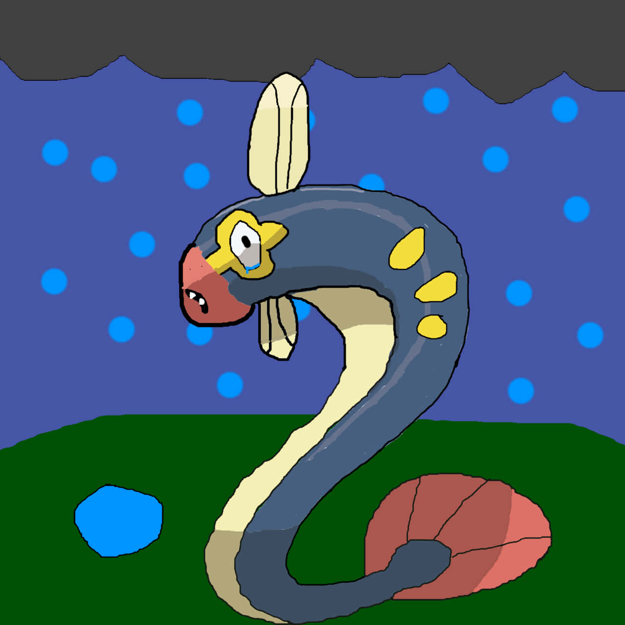 Pokemon Aesthetic 桌布 壁紙 — 一個卡通風格、像蛇一樣的生物，帶有黃色斑點和兔耳朵，站在綠色草地上，天空黑暗帶有藍色點點。