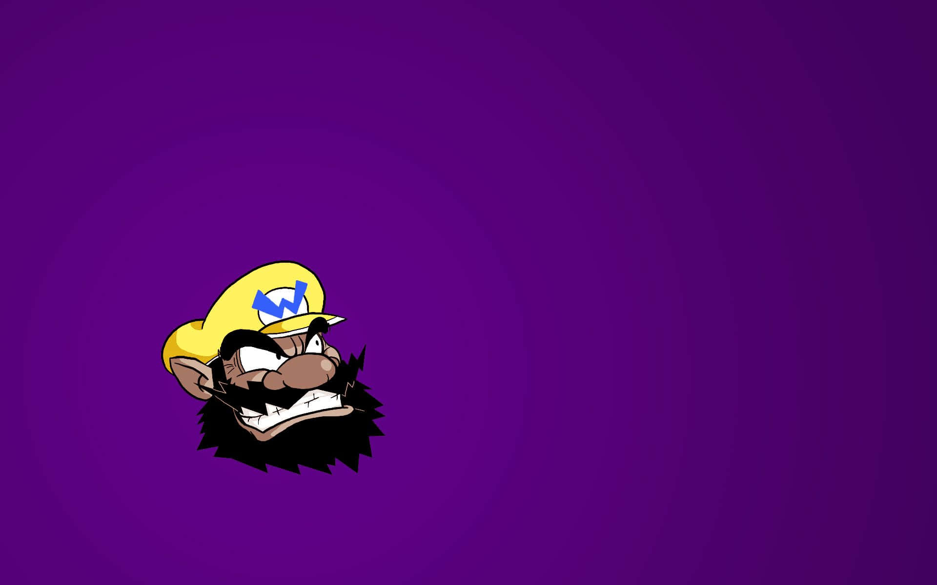 wario 桌布 壁紙 — 一個卡通風格、憤怒的瓦路易吉頭像，戴著黃色帽子，留著黑色鬍子，背景為紫色漸層。