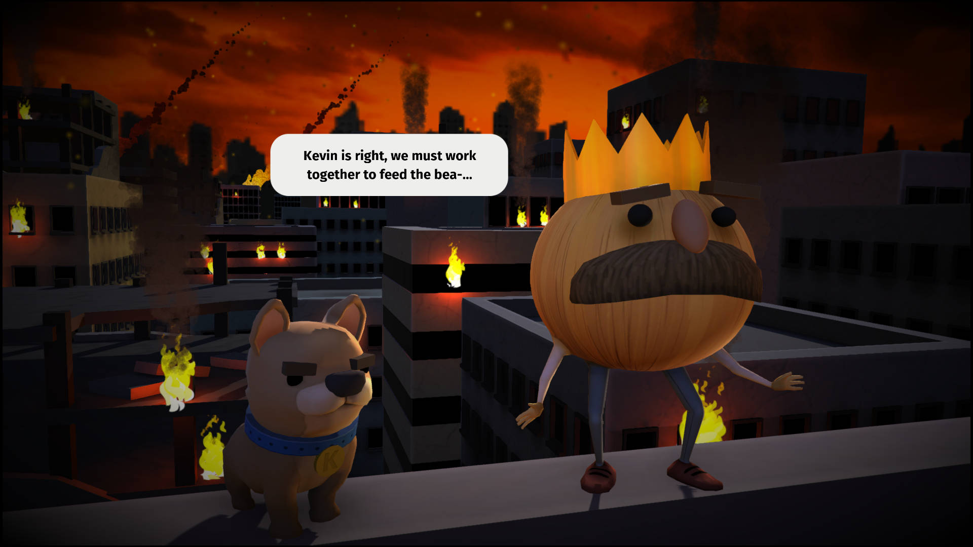 Overcooked 桌布 壁紙 — 一個卡通風格、戴著鬍子和皇冠的南瓜頭國王，與一隻狗站在屋頂上，背景是橙色天空下燃燒的城市。