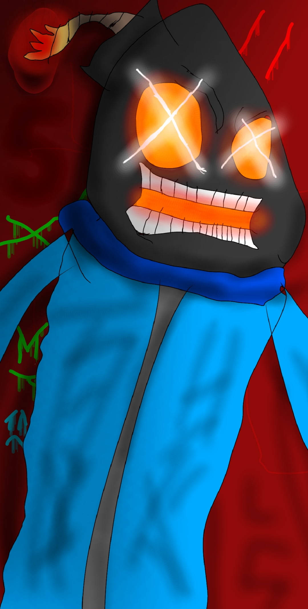 Whitty 桌布 壁紙 — 一個卡通風格、戴黑色連帽、有發光橙色眼睛和咧嘴笑的人物，穿著藍色外套，背景為紅色。