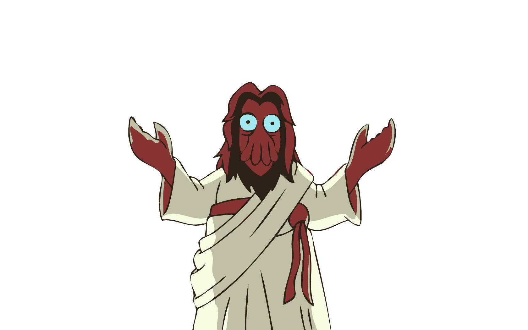 Zoidberg 桌布 壁紙 — 一個卡通風格、紅皮膚、藍眼睛、有爪手的外星人，穿著白色長袍，在純白背景上向外做手勢。