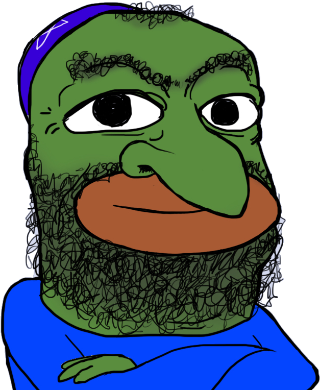 Pepe 桌布 壁紙 — 一個卡通風格、綠色、像青蛙的角色，留著鬍子，戴著藍色頭帶，睜大眼睛凝視著。