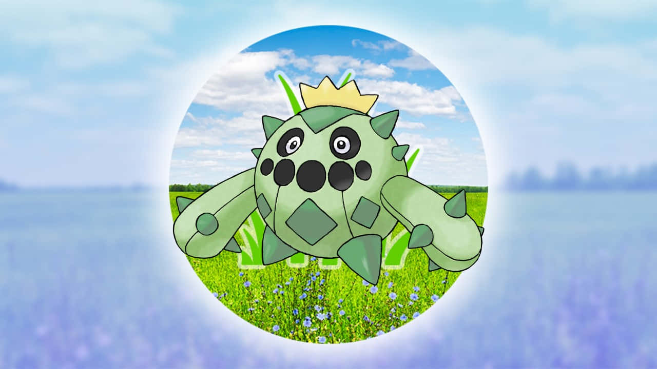 Cacnea 桌布 壁紙 — 一個卡通風格、綠色、帶刺、戴著皇冠的生物，坐在一個由草地和藍色花朵組成的圓形框架內，背景是明亮的天空。