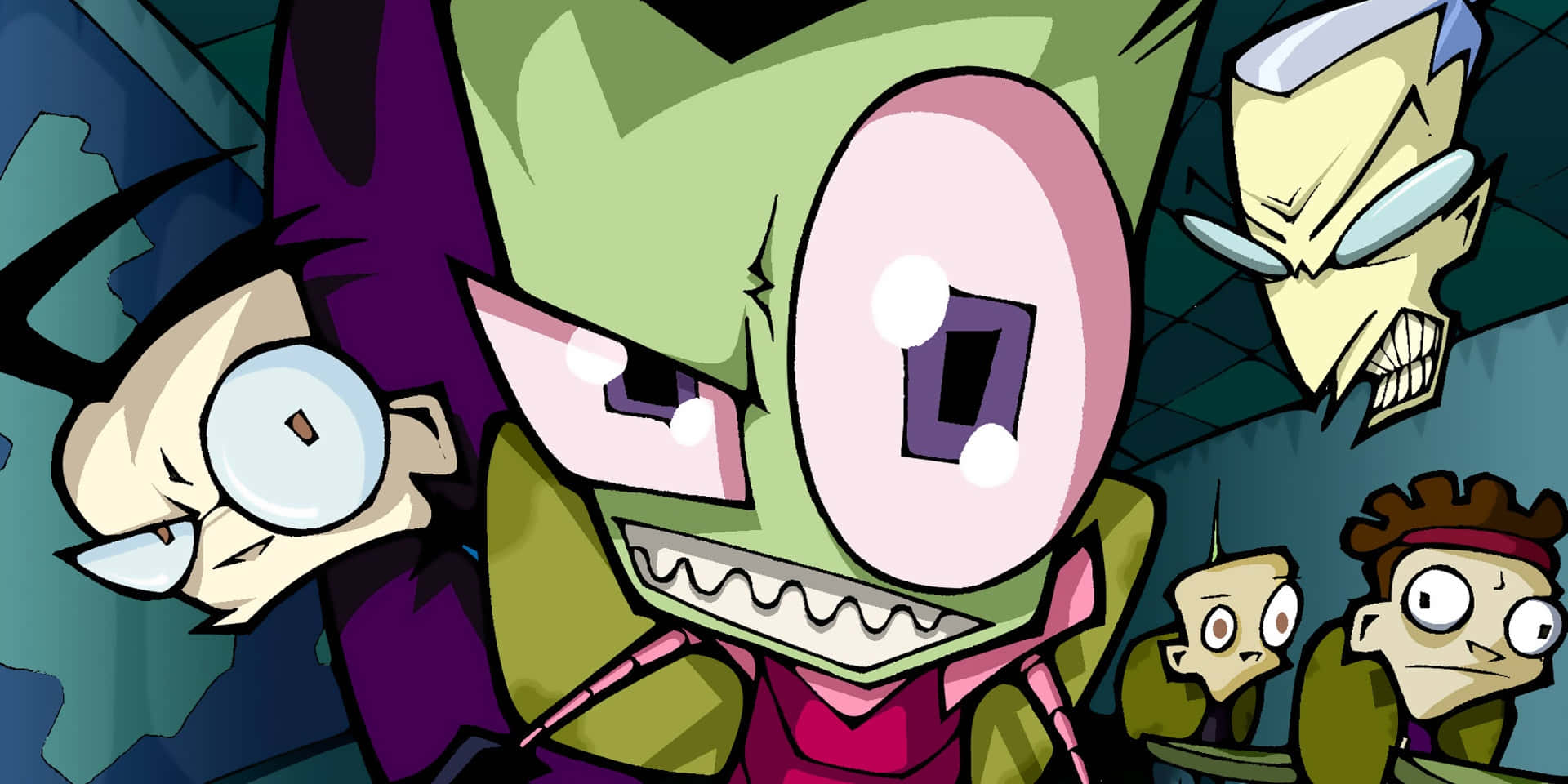 Invader Zim 桌布 壁紙 — 一個卡通風格、綠色皮膚、擁有巨大眼睛和尖銳牙齒的惡棍，威脅地瞪著觀眾。