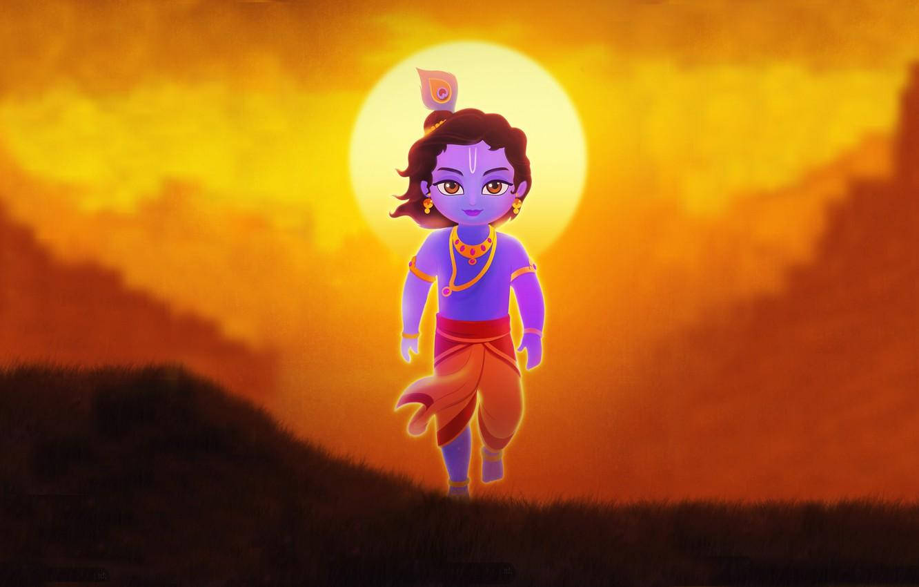 krishna god 桌布 壁紙 — 一個卡通風格、藍皮膚的小孩戴著孔雀羽毛皇冠，在發光的橙色日落背景下走在山丘上。