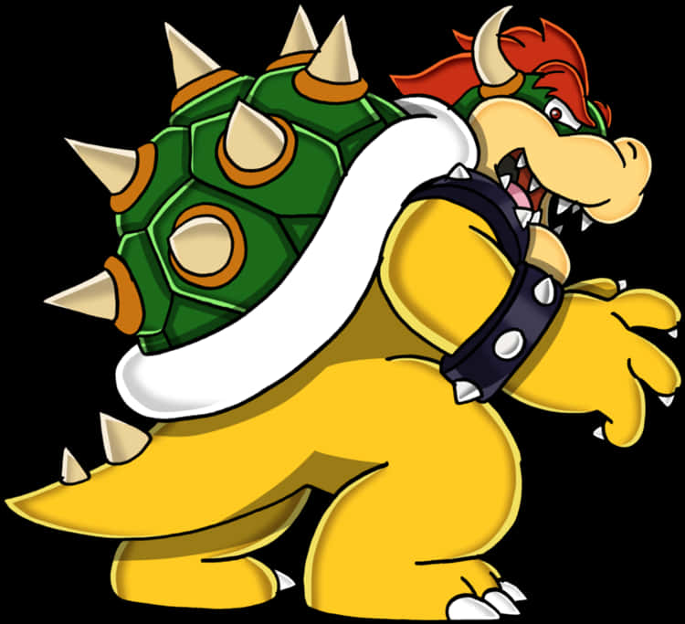 bowser 桌布 壁紙 — 一個卡通風格、黃色、類似烏龜的反派，帶有帶刺的綠色龜殼和紅色角，在黑色背景上兇猛咆哮。
