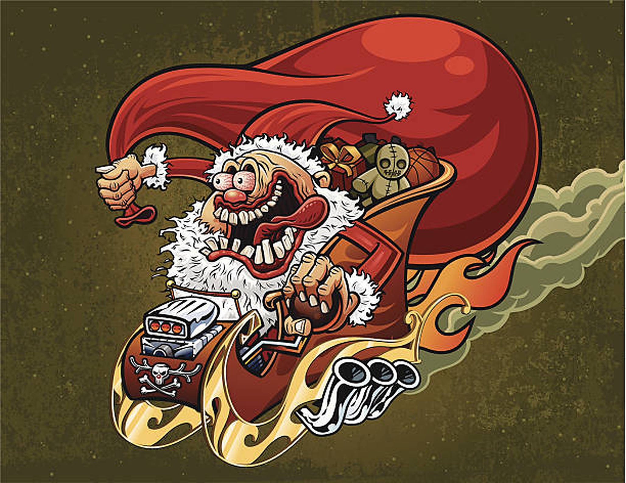 evil 桌布 壁紙 — 一個卡通風格憤怒的聖誕老人駕駛著一輛火焰塗裝的熱狗雪橇，帶有骷髏標誌和一個裝滿玩具的巨大紅色袋子。