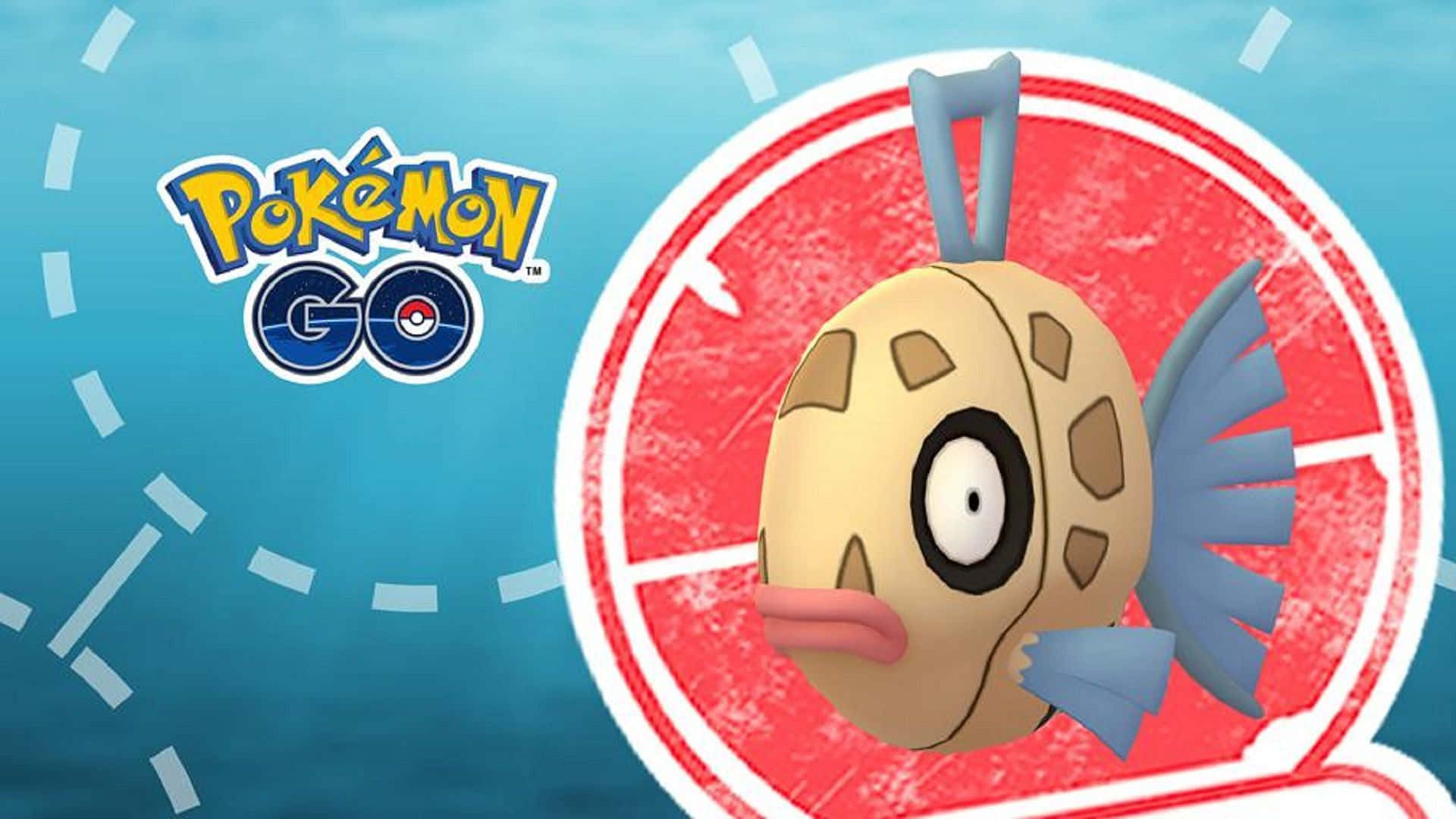 寶可夢 桌布 壁紙 — 一個卡通風格的 Pokémon Go 角色，擁有圓形米色身體、藍色鰭和粉紅色嘴巴，出現在藍色背景上的紅色圓形框架內。