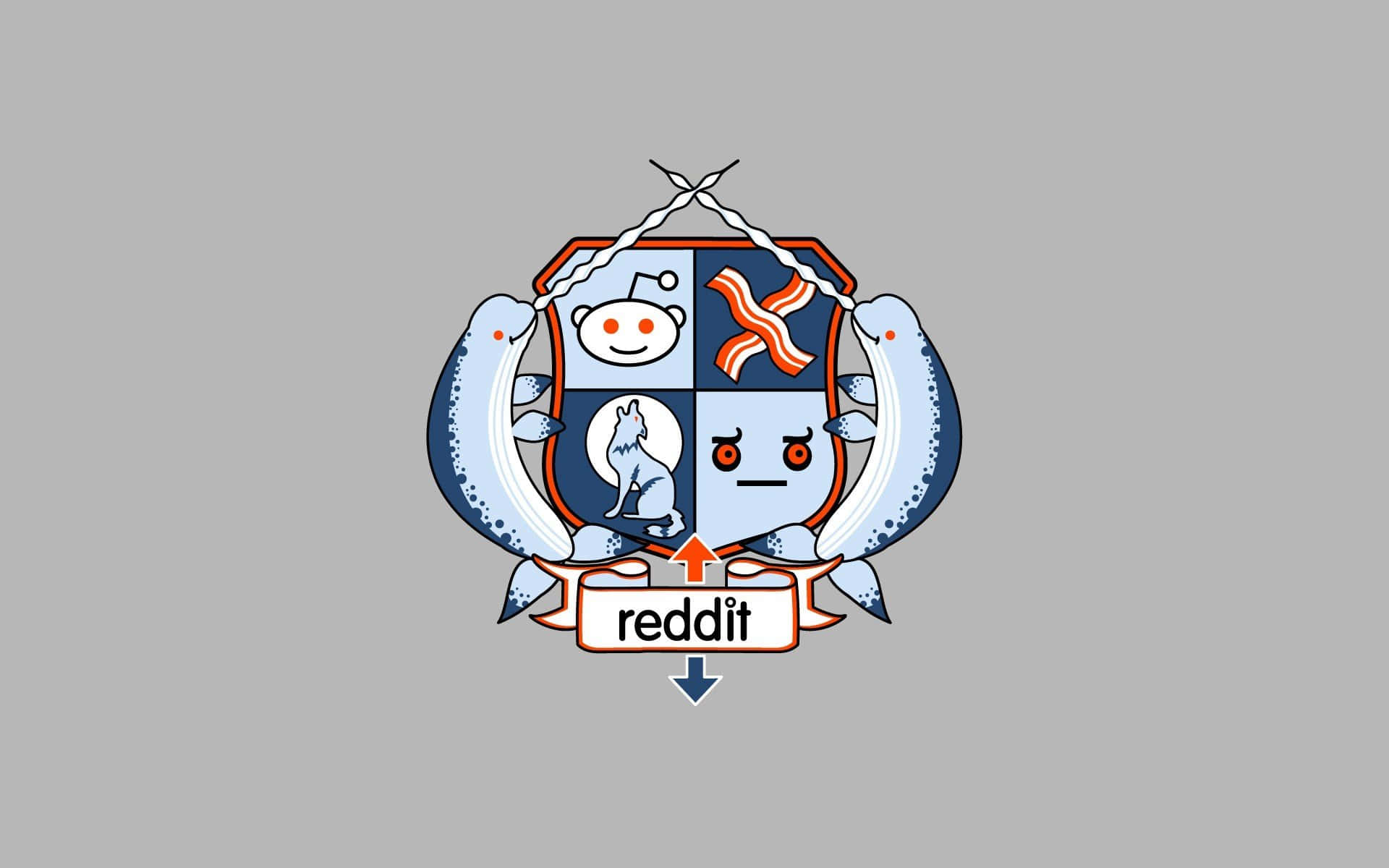 Reddit 桌布 壁紙 — 一個卡通風格的 Reddit 標誌，兩條鮭魚夾著一個分成四個象限的盾牌，上面有 Reddit 的吉祥物培根和其他圖標。