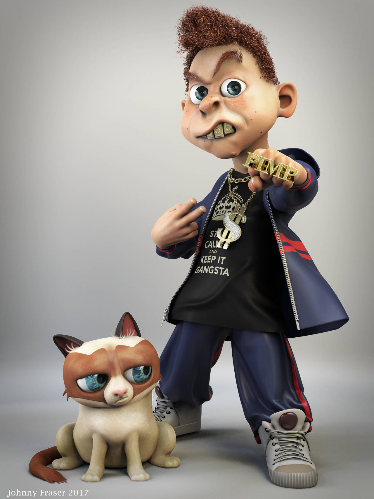 Gangsta Cartoon 桌布 壁紙 — 一個卡通風格的3D渲染男孩，有金牙，旁邊有一隻脾氣暴躁的貓，兩者都穿著幫派主題的服裝。