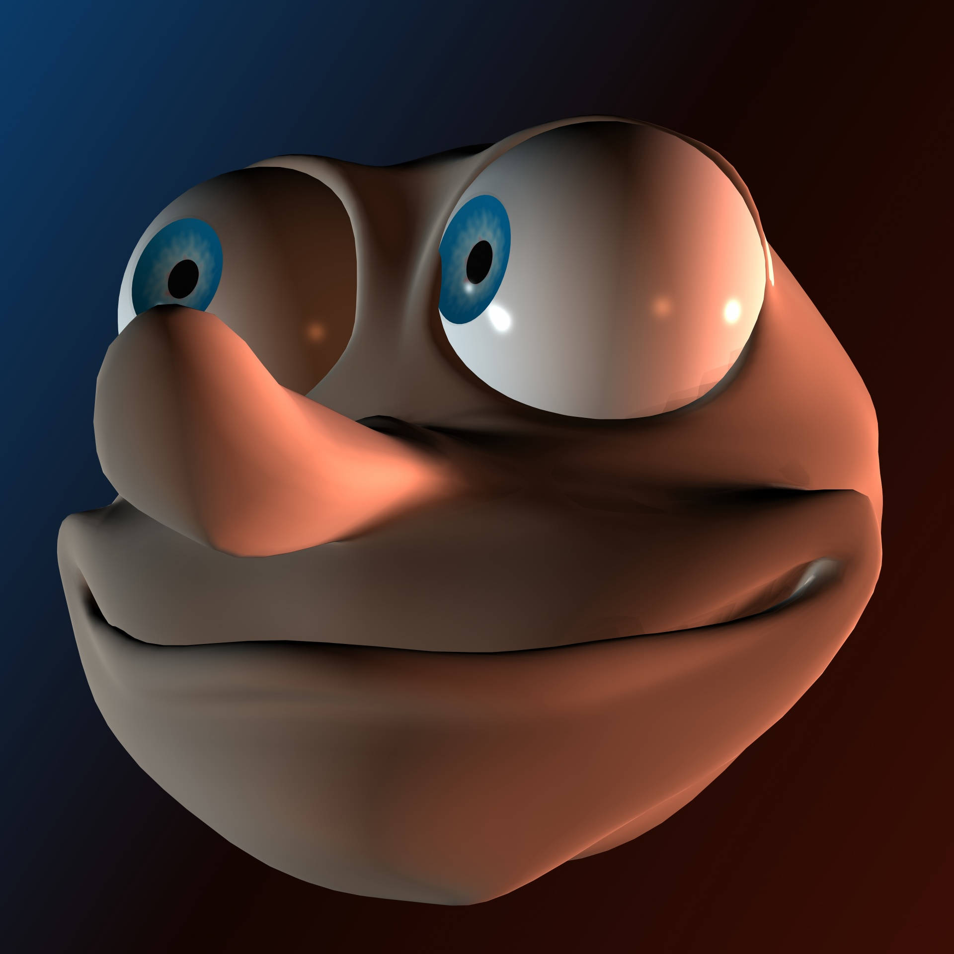 faces 桌布 壁紙 — 一個卡通風格的3D渲染面孔，有大藍眼睛和寬闊笑容，背景是藍紅漸變色。