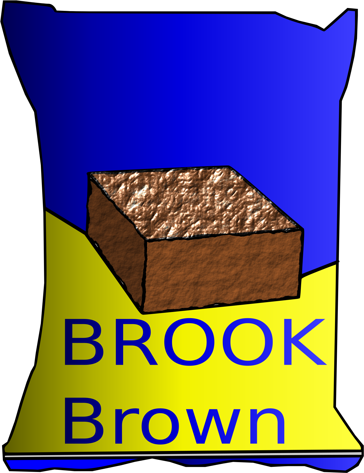 布朗尼 桌布 壁紙 — 一個卡通風格的Brook Brown巧克力袋，在藍色和黃色背景上有一個帶紋理的棕色正方形。