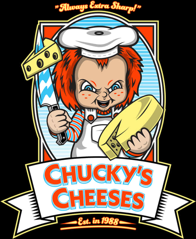 Chucky Doll 桌布 壁紙 — 一個卡通風格的Chucky吉祥物穿著廚師服，在條紋背景上拿著起司和刀，並有粗體標牌。