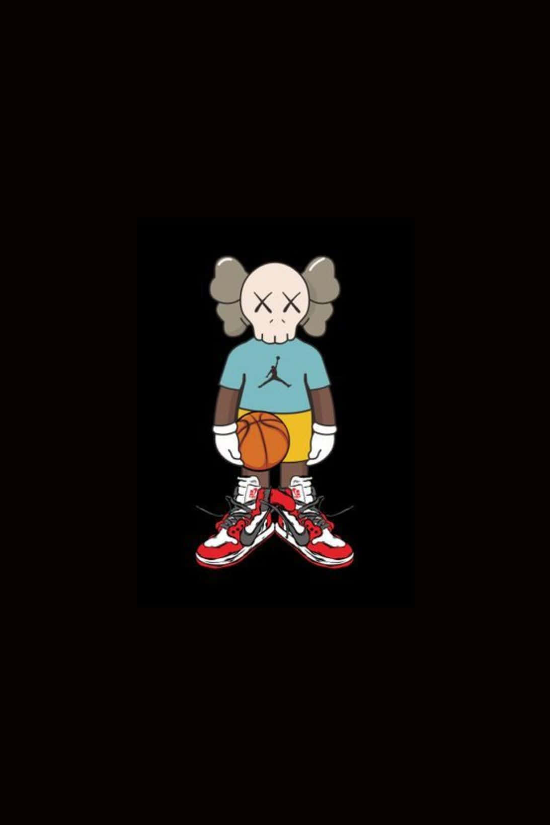 Kaws X Air Jordan 桌布 壁紙 — 一個卡通風格的KAWS角色，眼睛呈X形，穿著Jordan T恤和紅色運動鞋，在黑色背景前拿著籃球。