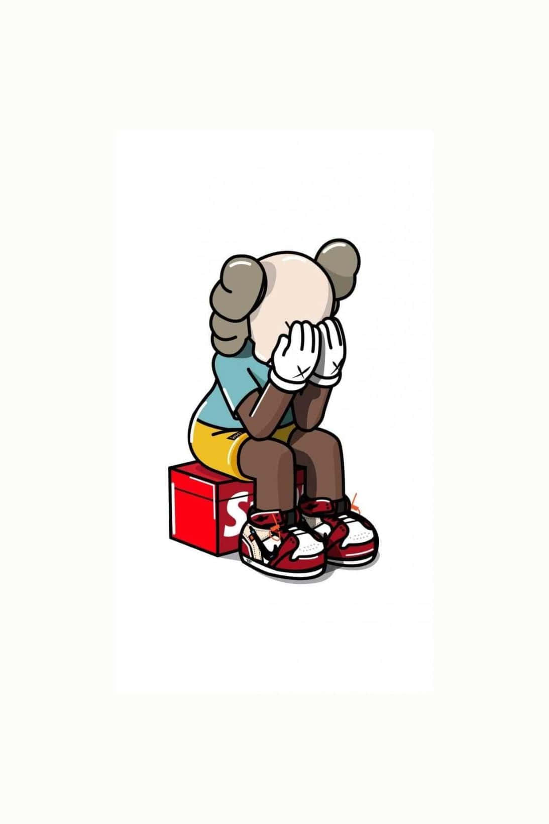 Kaws X Air Jordan 桌布 壁紙 — 一個卡通風格的KAWS角色坐在一個紅色的Supreme盒子上，戴著手套的雙手掩面，姿態憂鬱。