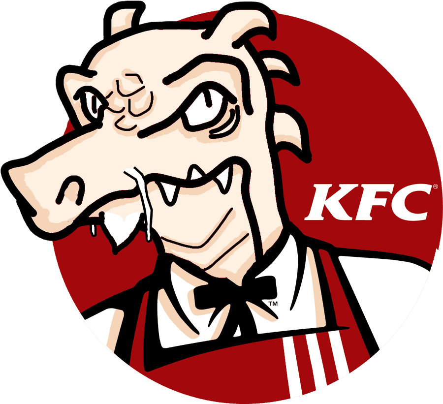 標誌 桌布 壁紙 — 一個卡通風格的KFC桑德斯上校吉祥物，有著尖牙和領結，背景為紅色圓形。