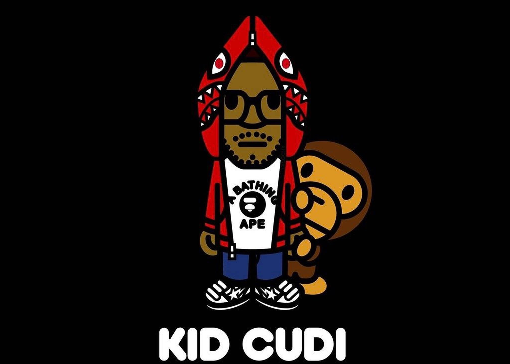 BAPE 標誌 桌布 壁紙 — 一個卡通風格的Kid Cudi穿著紅色鯊魚連帽衫和眼鏡，站在黑色背景前，旁邊有一隻棕色猿猴吉祥物。