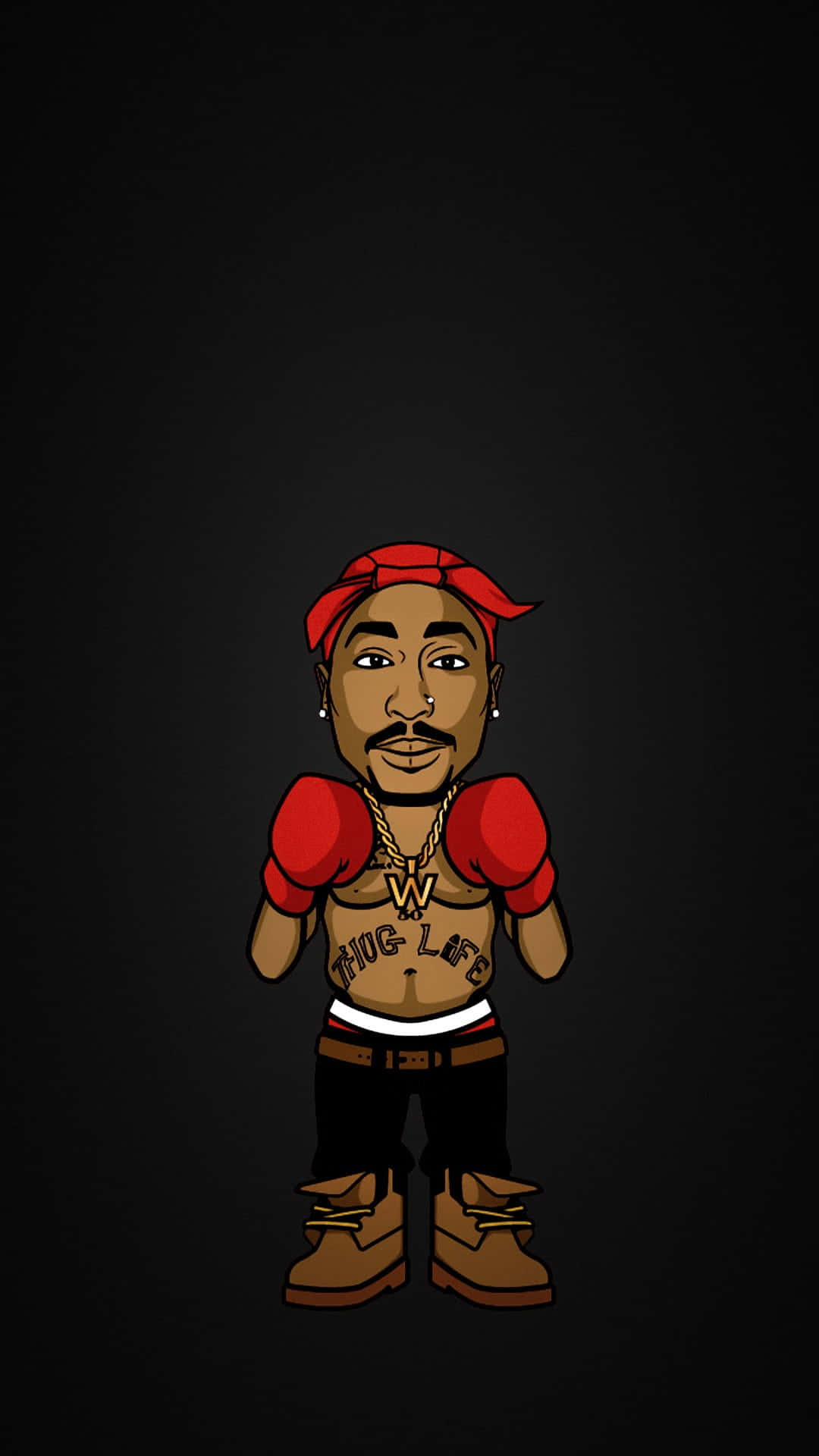 Cartoon Rapper 桌布 壁紙 — 一個卡通風格的Tupac Shakur站在深色背景中央，戴著紅色拳擊手套和紅色頭巾。
