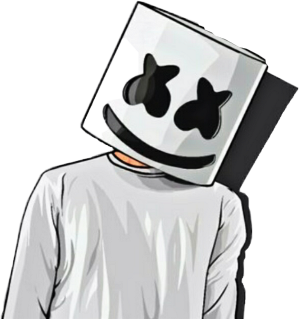Marshmello 動態圖 桌布 壁紙 — 一個卡通風格的人物戴著白色方形頭盔，黑色星形眼睛，咧嘴大笑，背景為黑色。