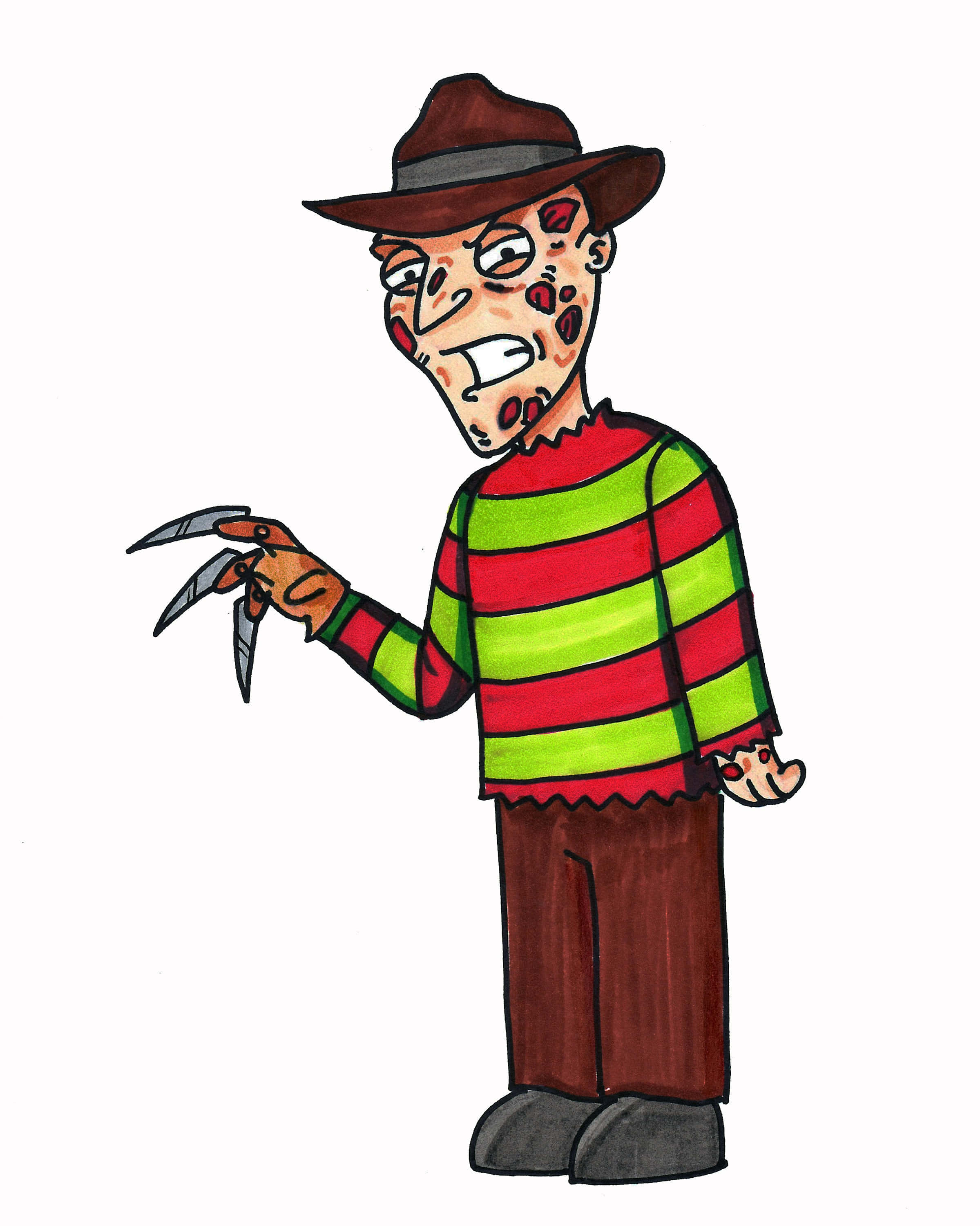 Freddy Krueger 桌布 壁紙 — 一個卡通風格的佛萊迪·克魯格，戴著棕色帽子和條紋毛衣，手持帶刀片的手套。