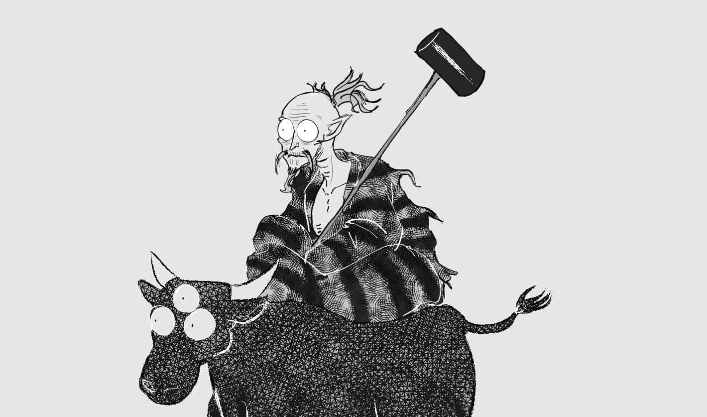 Totosai 桌布 壁紙 — 一個卡通風格的光頭鬍鬚男騎著一頭牛，手持一把巨大的錘子，以黑白點狀圖案插圖呈現。