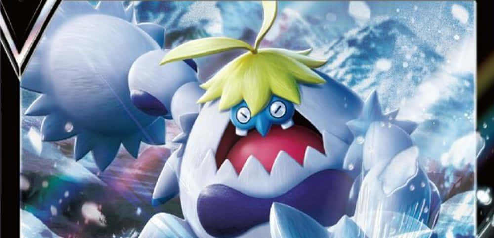 Pokemon Landscape 桌布 壁紙 — 一個卡通風格的冰怪獸，黃色頭髮和鋒利牙齒，在雪地冰景中咆哮，周圍有發光粒子。