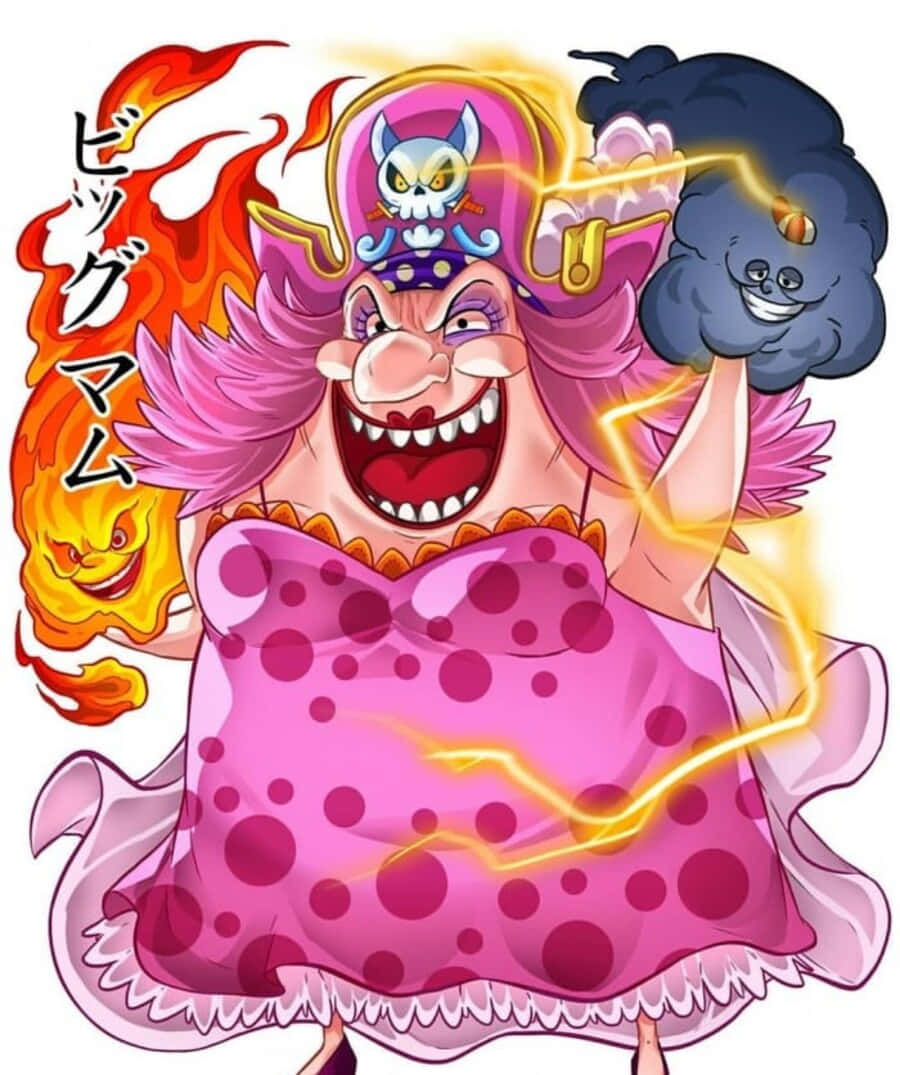 Big Mom 桌布 壁紙 — 一個卡通風格的動漫女性，粉紅色頭髮和連衣裙，帶著愉快的笑容揮舞著火和煙的元素力量。