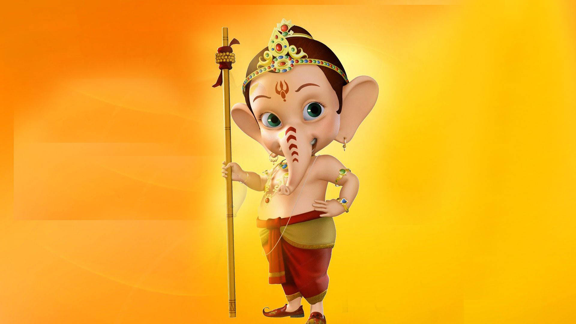cute ganesha 桌布 壁紙 — 一個卡通風格的印度教神祇象頭神，有大耳朵和象頭，自信地站立，手持法杖，背景是耀眼的橙黃漸變色。