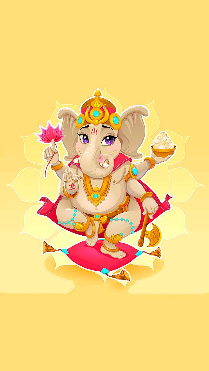 cute ganesha 桌布 壁紙 — 一個卡通風格的印度教神祇象頭神Ganesha，紫色眼睛，盤腿坐在紅色坐墊上，手持粉紅色蓮花和一碗糖果，背景是柔和的黃色。