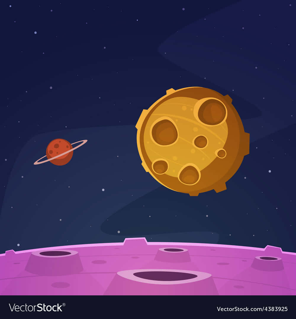 Animated Space 桌布 壁紙 — 一個卡通風格的向量場景顯示，一個金色的隕石坑月球和一個紅色環狀行星漂浮在繁星點點的深藍色太空中，位於紫色外星景觀之上。