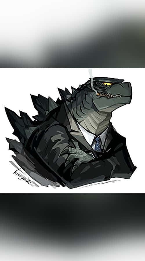 Godzilla Comic 桌布 壁紙 — 一個卡通風格的哥吉拉穿著筆挺的西裝和領帶，在純白色背景前抽煙，表情嚴肅。