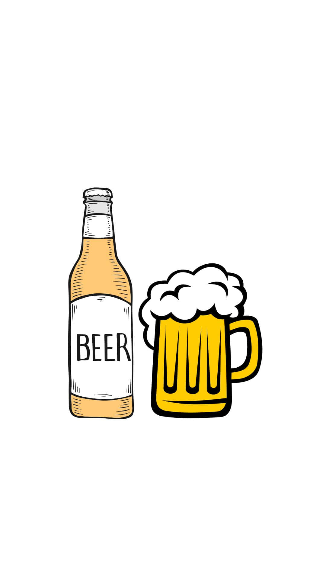 Beer 桌布 壁紙 — 一個卡通風格的啤酒瓶和一個有泡沫的杯子並排放置在純白色背景上。