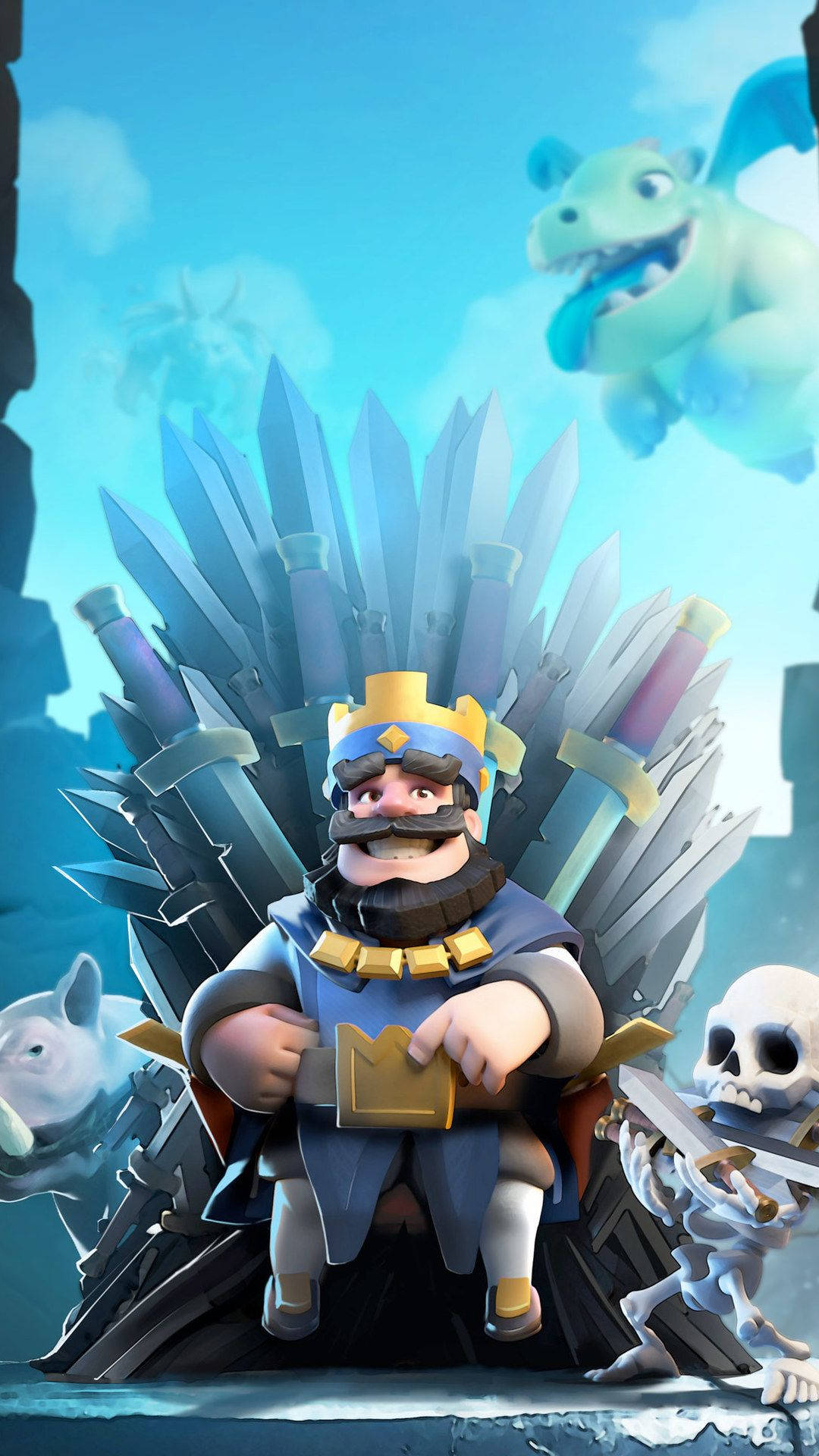 Clash Royale 桌布 壁紙 — 一個卡通風格的國王，戴著王冠和鬍子，坐在由劍製成的王座上，周圍環繞著奇幻生物，背景是明亮的藍天。