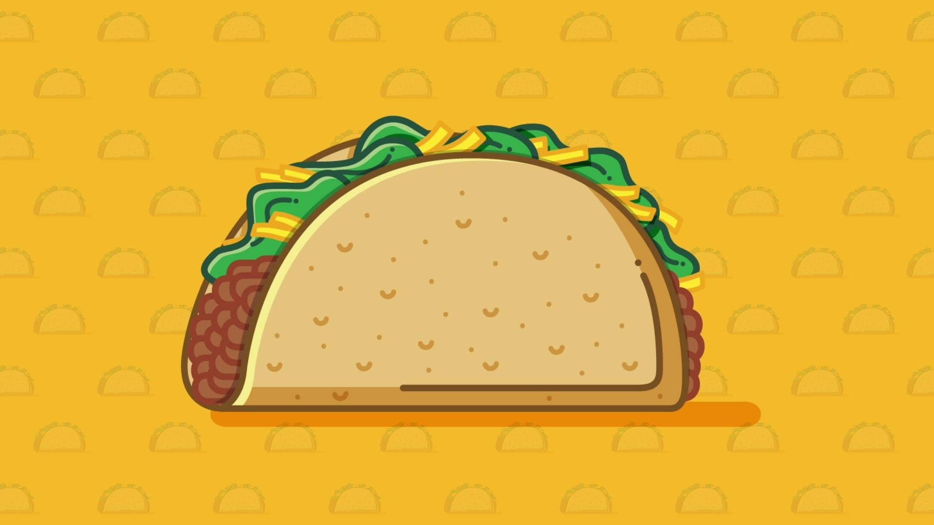 Taco 桌布 壁紙 — 一個卡通風格的墨西哥捲餅，上面有綠色生菜和黃色起司，放在一個帶有墨西哥捲餅剪影圖案的黃色背景上。