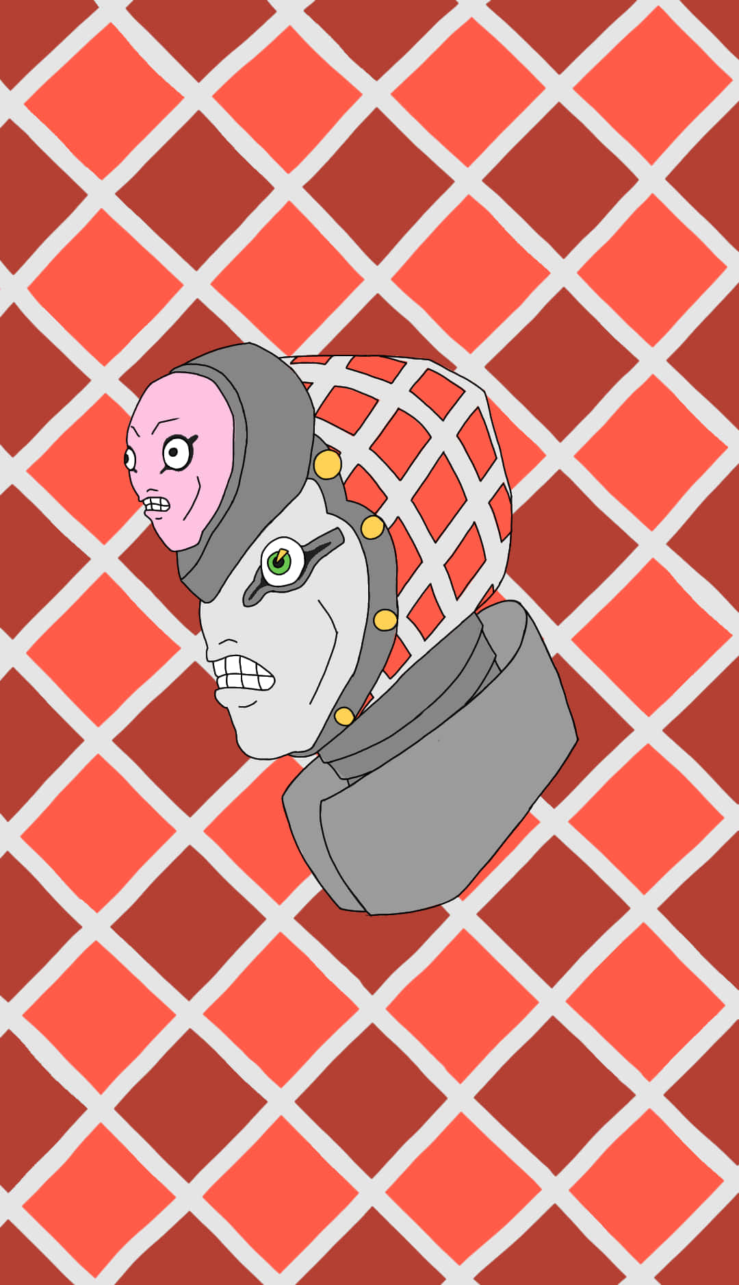 Jojo King Crimson 桌布 壁紙 — 一個卡通風格的外星人頭部，有一隻綠色眼睛和粉紅色皮膚，戴著灰色頭盔，背景是紅色菱形圖案。