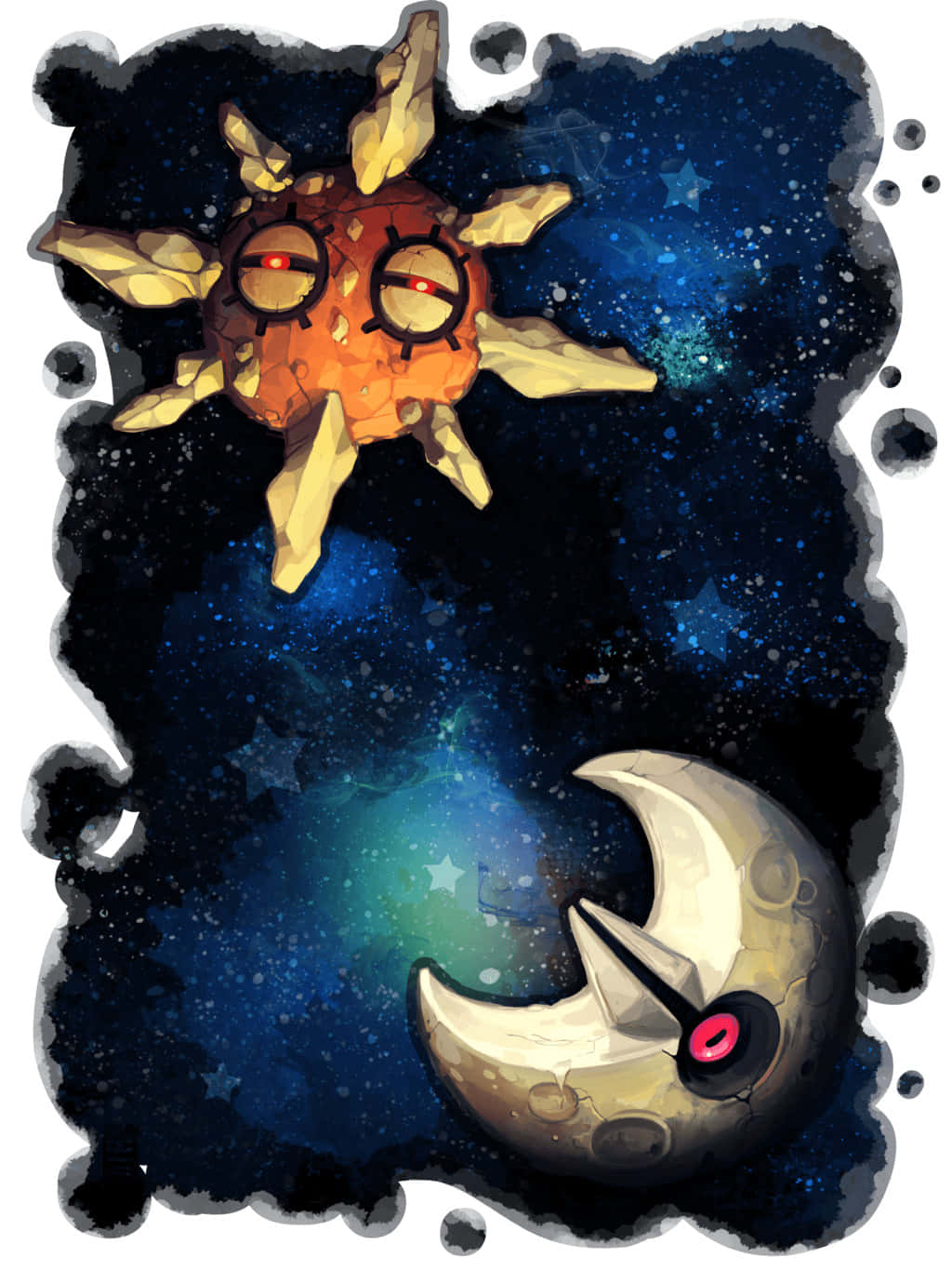 電玩遊戲 桌布 壁紙 — 一個卡通風格的太陽和月亮，帶有紅色眼睛，漂浮在藍色和黑色色調的星空宇宙背景中。