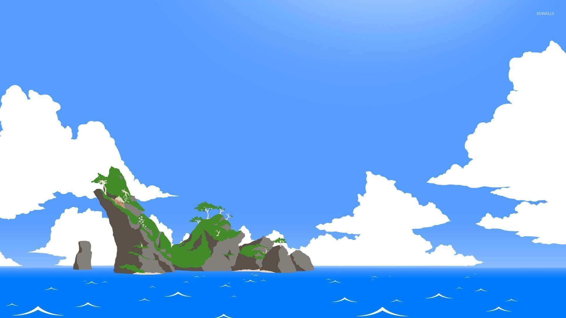 The Legend Of Zelda The Wind Waker 桌布 壁紙 — 一個卡通風格的島嶼，有綠色樹木和灰色岩石，從藍色海洋中升起，天空是明亮的藍色，有蓬鬆的白色雲朵。