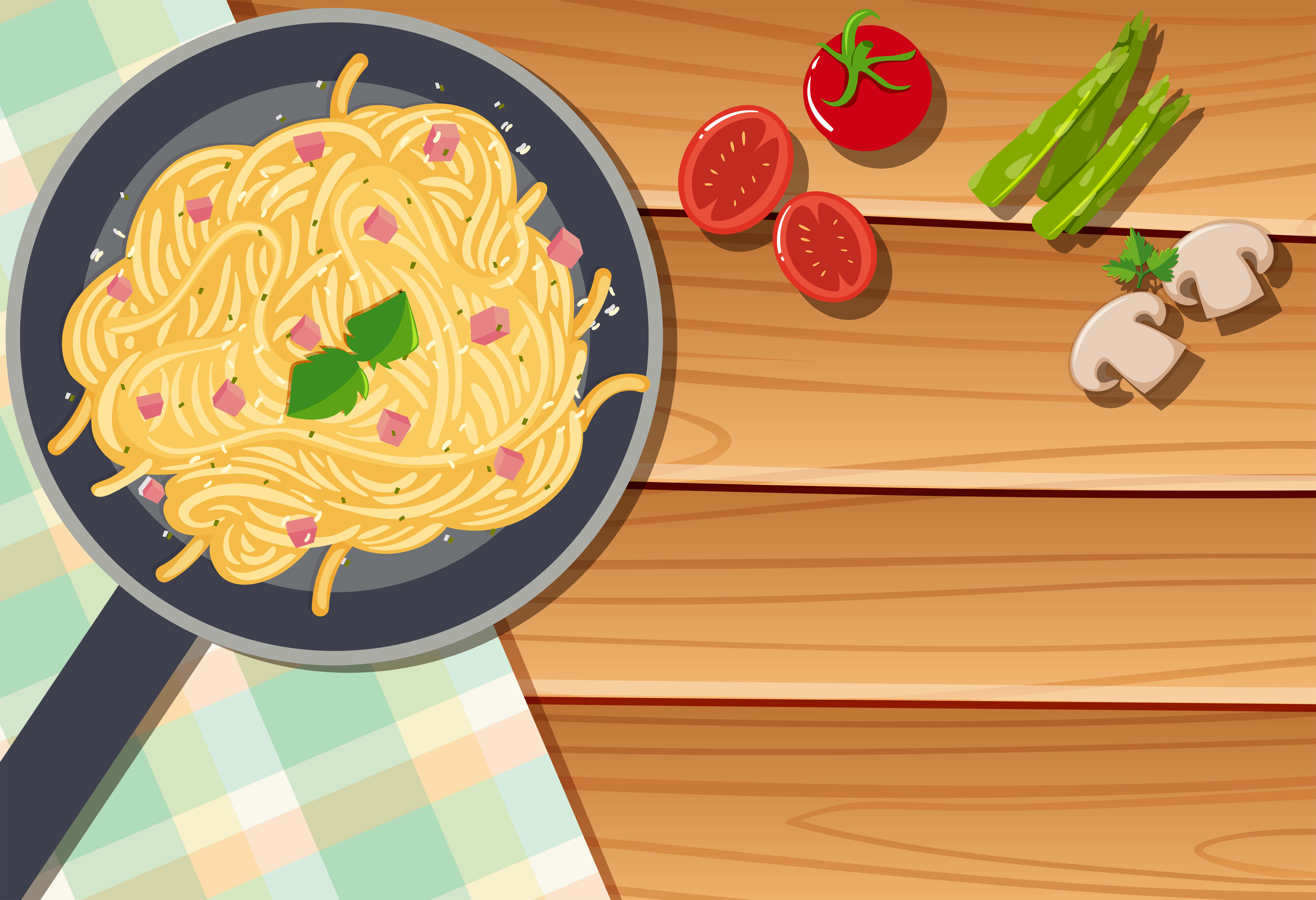 Noodles 桌布 壁紙 — 一個卡通風格的平底鍋，裡面有火腿和羅勒的義大利麵，放在木桌上，旁邊是新鮮的番茄、蘆筍和蘑菇。