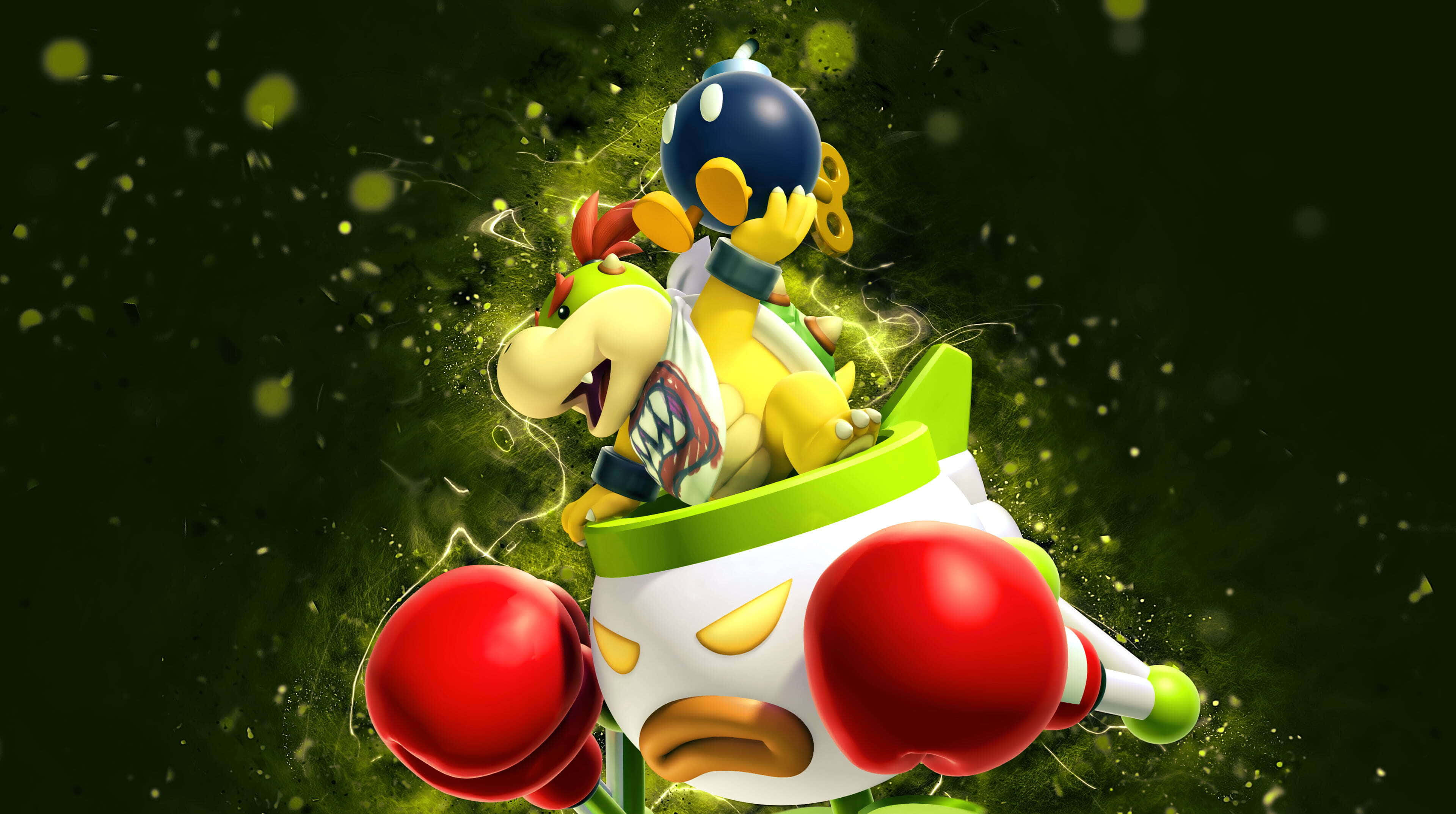 Bowser Jr 桌布 壁紙 — 一個卡通風格的庫巴龜和藍色龜殼騎著一個帶紅色拳擊手套的綠色和白色火箭，背景是深綠色閃閃發光的背景。