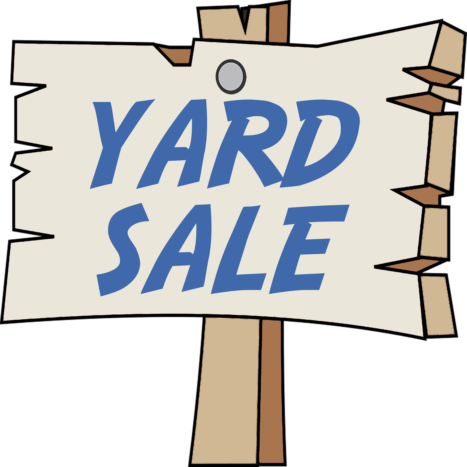 Sale Banner 桌布 壁紙 — 一個卡通風格的庭院販售標誌，在米色板上用粗體藍色文字，安裝在木柱上。